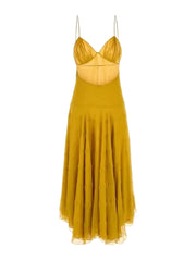 A yellow midi dress with thin spaghetti straps, a sweetheart neckline, and a pleated skirt, shown against a light gray background.