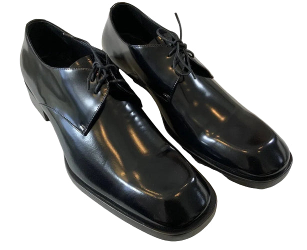 Pair of black dress shoes on a plain background