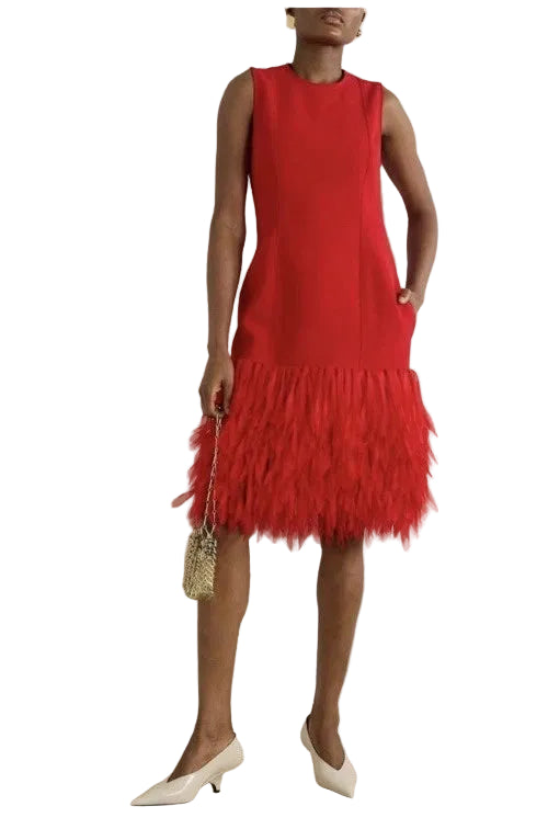 Red dress with feathered skirt worn by a person against a plain background