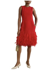 Red dress with feathered skirt worn by a person against a plain background