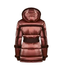 Brown puffer jacket with a hood on a white background