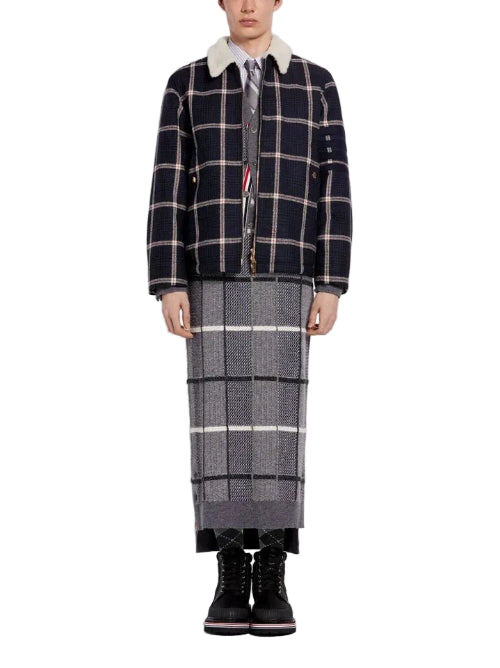 Thom Browne Men's Prince Of Wales Wool Twill Shearling Lined Jacket