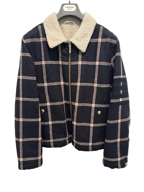 Thom Browne Men's Prince Of Wales Wool Twill Shearling Lined Jacket