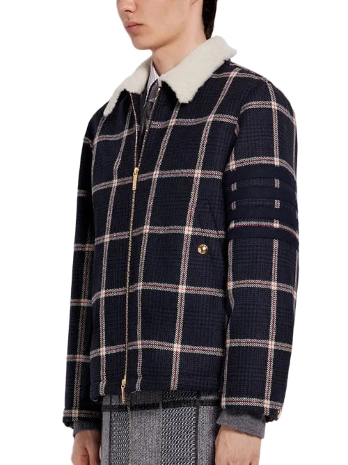 Thom Browne Men's Prince Of Wales Wool Twill Shearling Lined Jacket