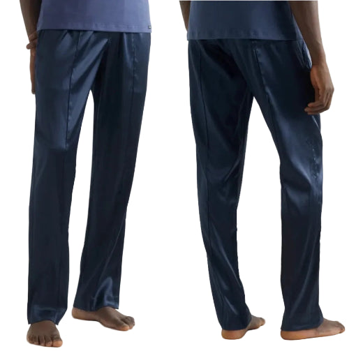 A pair of dark navy blue pants shown from the back on a model, with a small portion of a light blue shirt visible at the top.