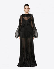 Valentino Black Pleated Long Puff Sleeve Open Back Gown Dress