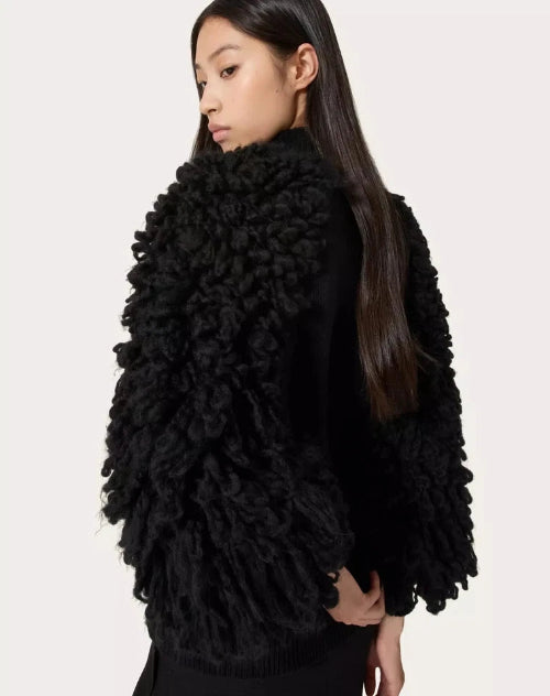 Valentino Turtleneck Fringe-Sleeves Wool Sweater Top