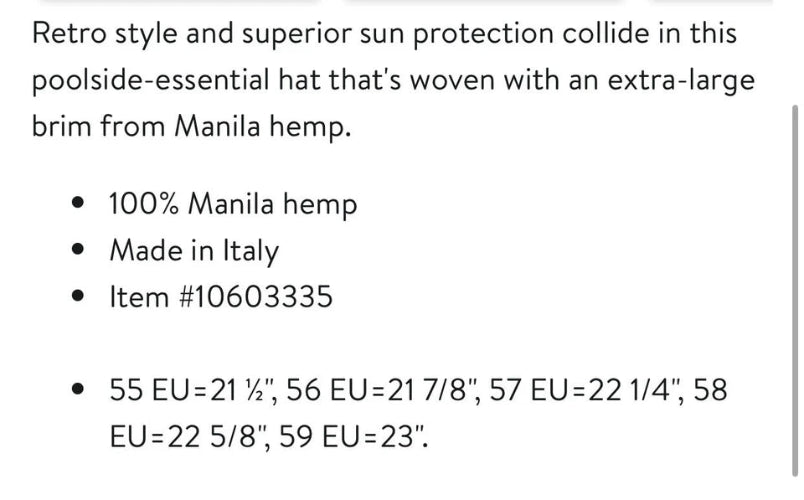 A text-based product information card on a white background describing a retro-style sun hat woven with extra-large brim from Manila hemp, listing features such as 100% Manila hemp, made in Italy, item number 1060335, and EU sizes 55-59 with measurements.
