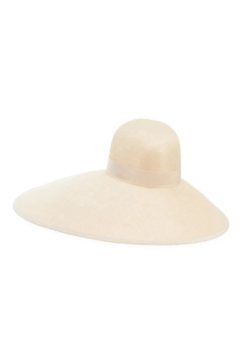 A light beige wide-brimmed sun hat with a matching ribbon band, shown against a plain white background.