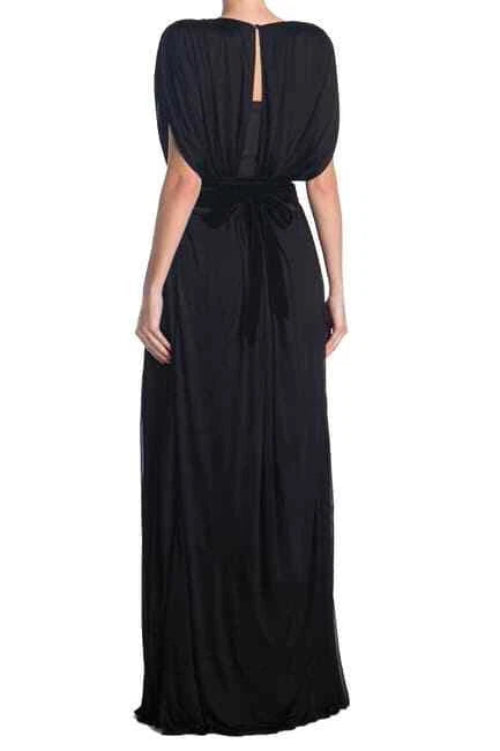 Black evening gown with a draped design on a white background