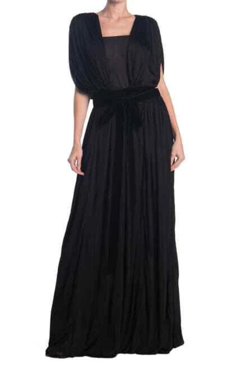 Black evening gown with a draped effect on a white background