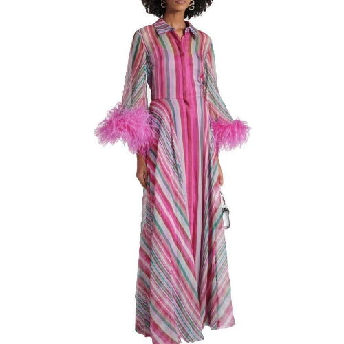 A pink and white striped maxi dress with pink feather-trimmed sleeves, shown on a white background.