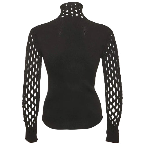 A black knit mock neck sweater with long, open-knit sleeves, shown from the back on a light gray background.