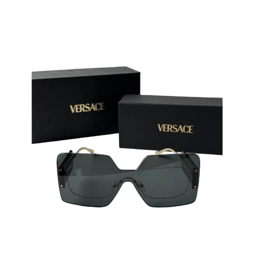 Versace square sunglasses with dark lenses and a black box behind them on a light gray background.