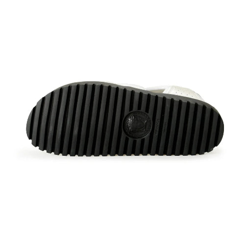 Black sole of a shoe with a brand logo on a white background