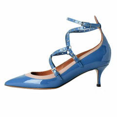 Blue high-heeled shoe with a strap on a white background