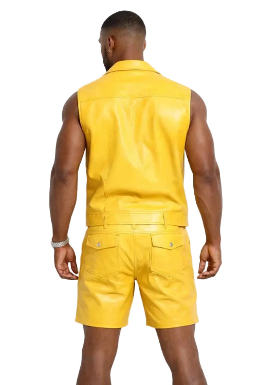 Person wearing a yellow leather vest and shorts on a white background
