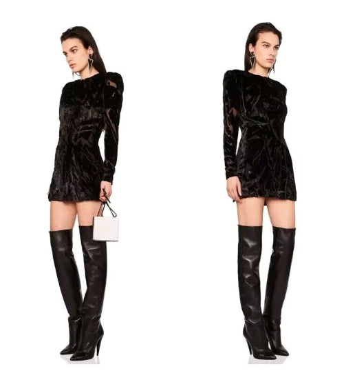 SAINT LAURENT YSL Black Draped Burnout Velvet Silk Mini Dress