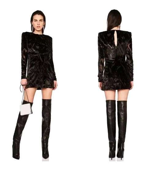 SAINT LAURENT YSL Black Draped Burnout Velvet Silk Mini Dress
