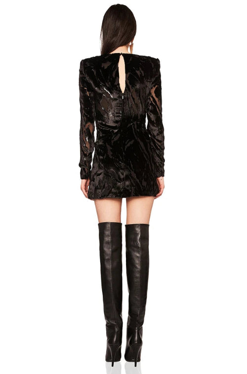 SAINT LAURENT YSL Black Draped Burnout Velvet Silk Mini Dress
