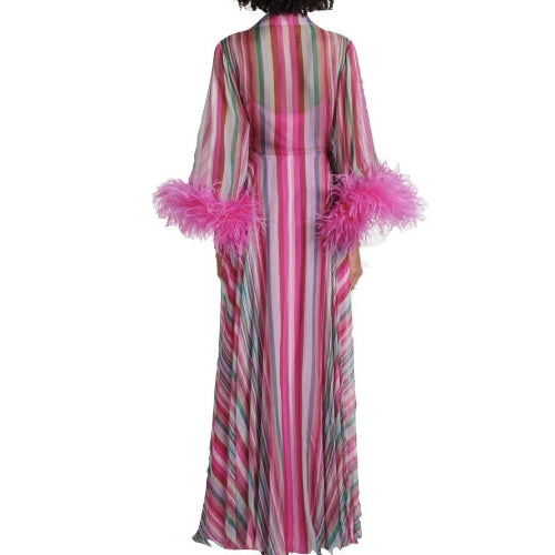 A long pink and multicolor striped robe with fluffy pink feather trim on the sleeves, shown from the back on a model against a white background.